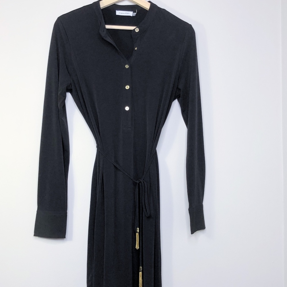 Calvin Klein Black Button Down Midi Dress w/ Gold